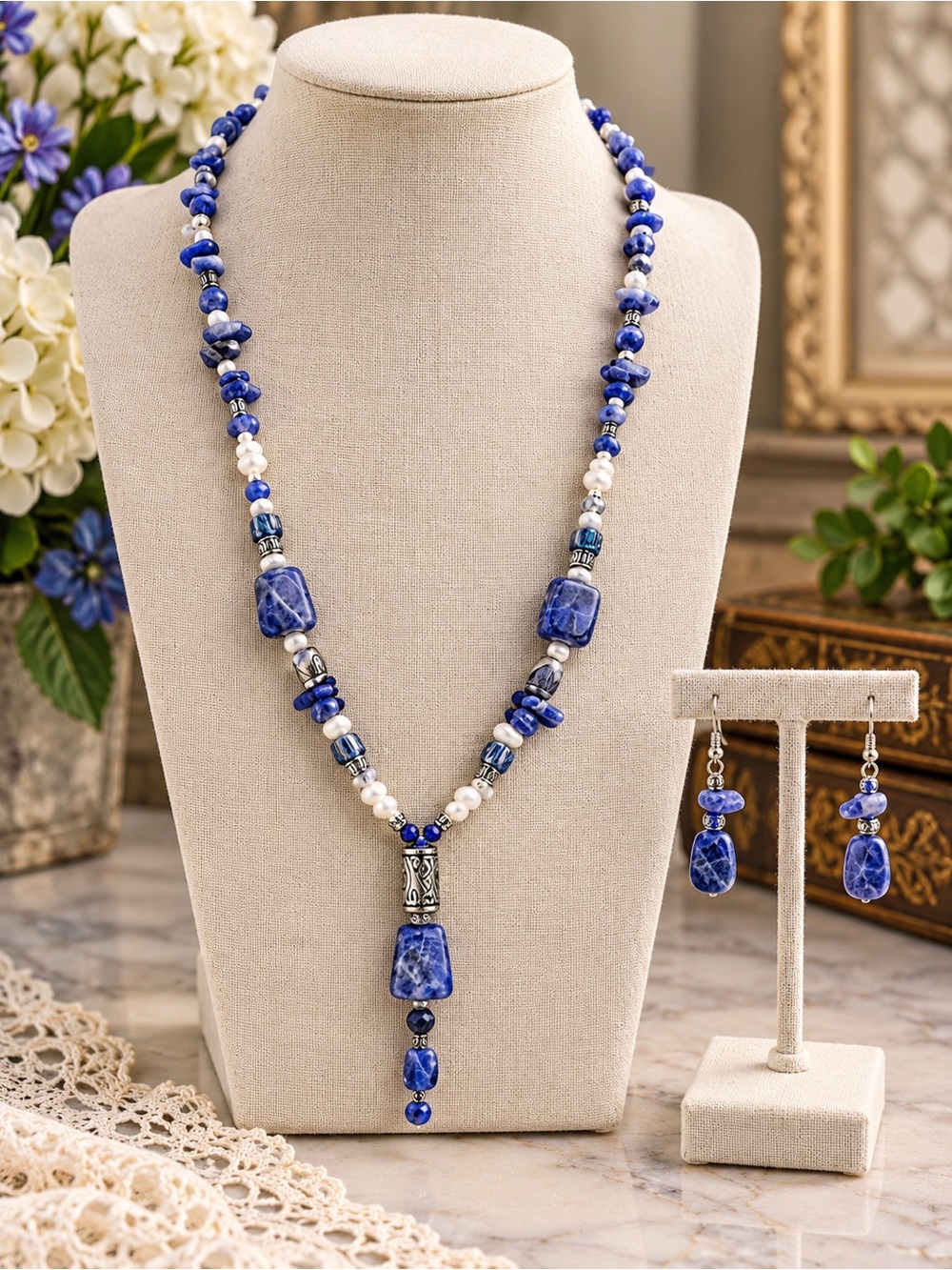 Sodalite Mixed Media Statement Necklace and Earring Set Artisan Made Silver Tone